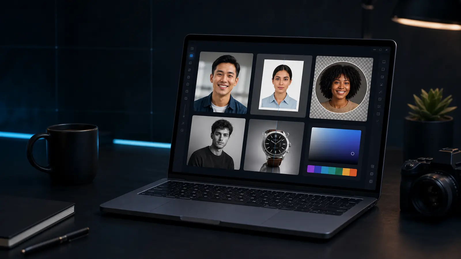 Bildtools-Arbeitsbereich mit Zuschnitt, Farbe und Profilfoto-Vorschau